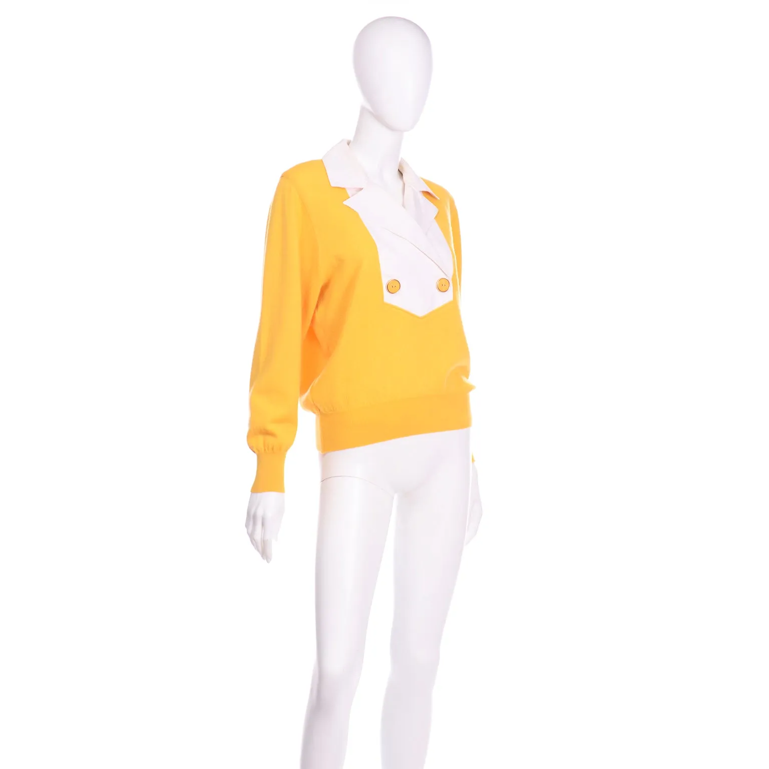 1980s Valentino Yellow Wool Sweater Top With White Collar & Yoke