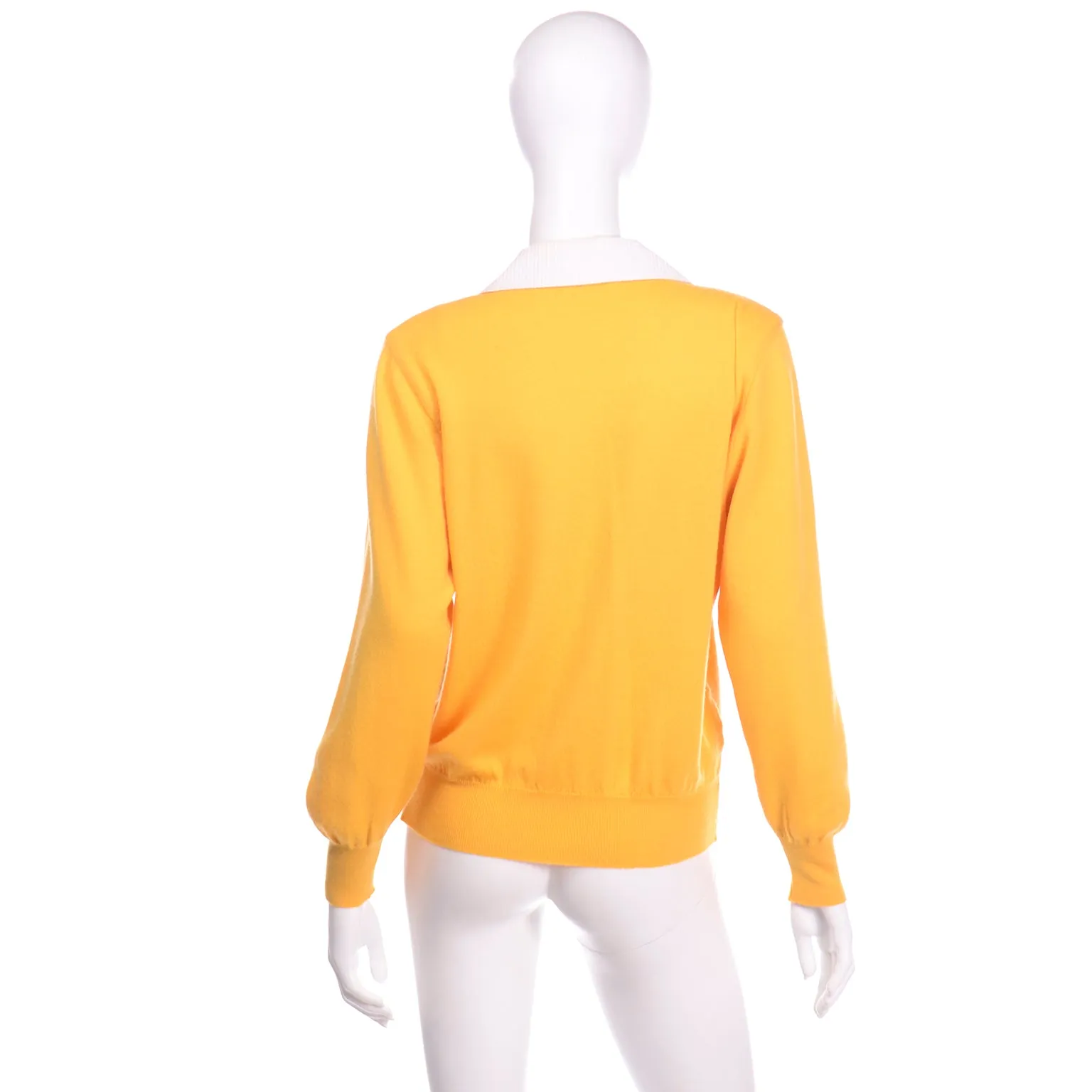 1980s Valentino Yellow Wool Sweater Top With White Collar & Yoke