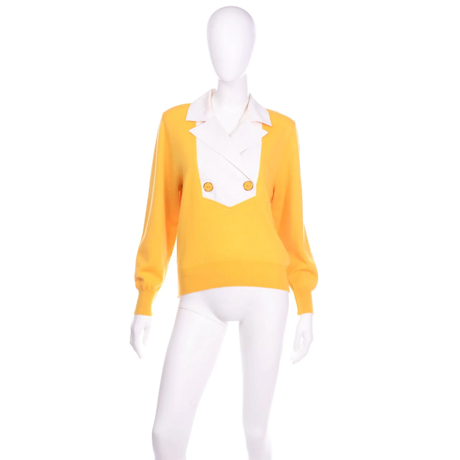 1980s Valentino Yellow Wool Sweater Top With White Collar & Yoke