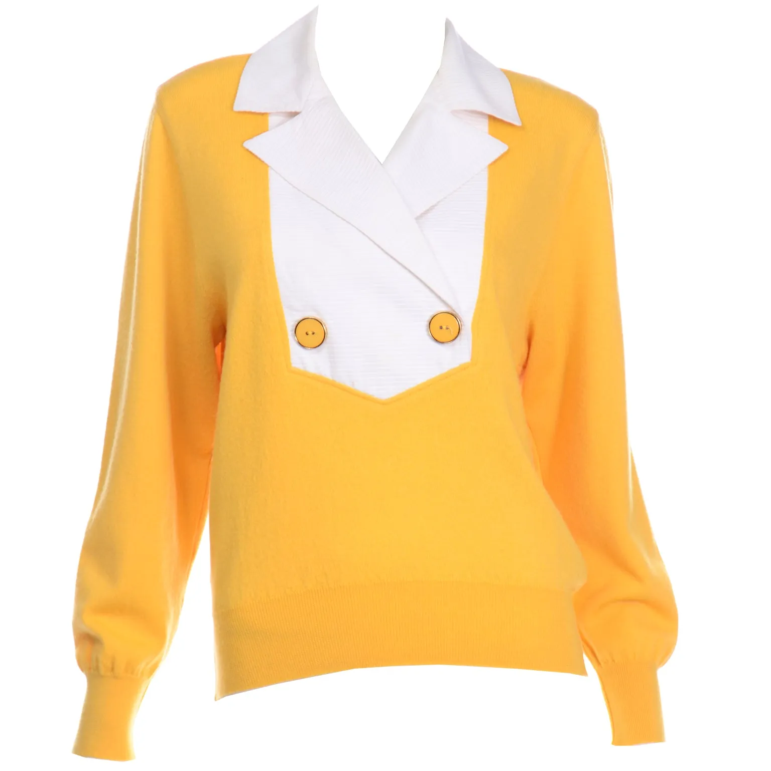 1980s Valentino Yellow Wool Sweater Top With White Collar & Yoke