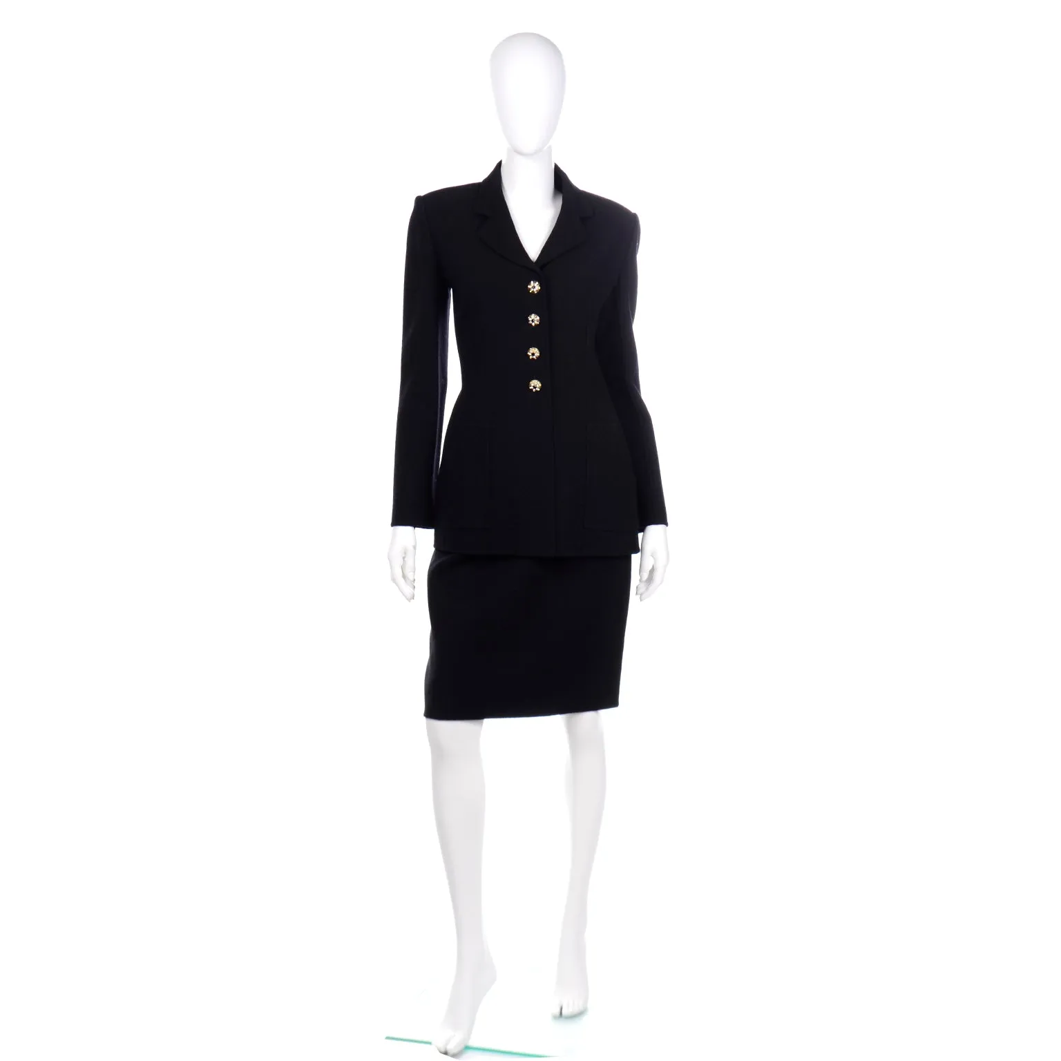 1990s Bill Blass Black Knit Jacket & Skirt Suit w Rhinestone Buttons