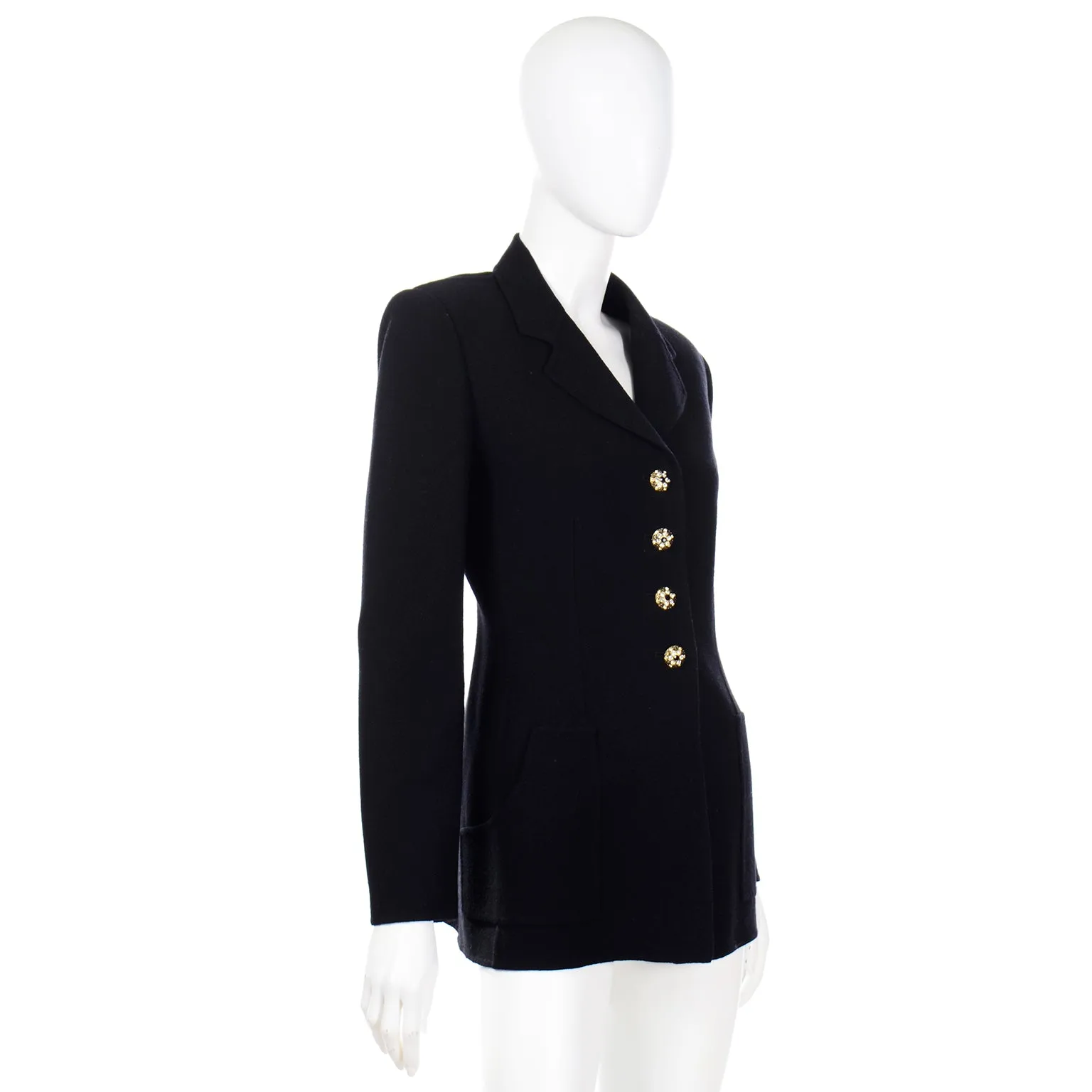 1990s Bill Blass Black Knit Jacket & Skirt Suit w Rhinestone Buttons