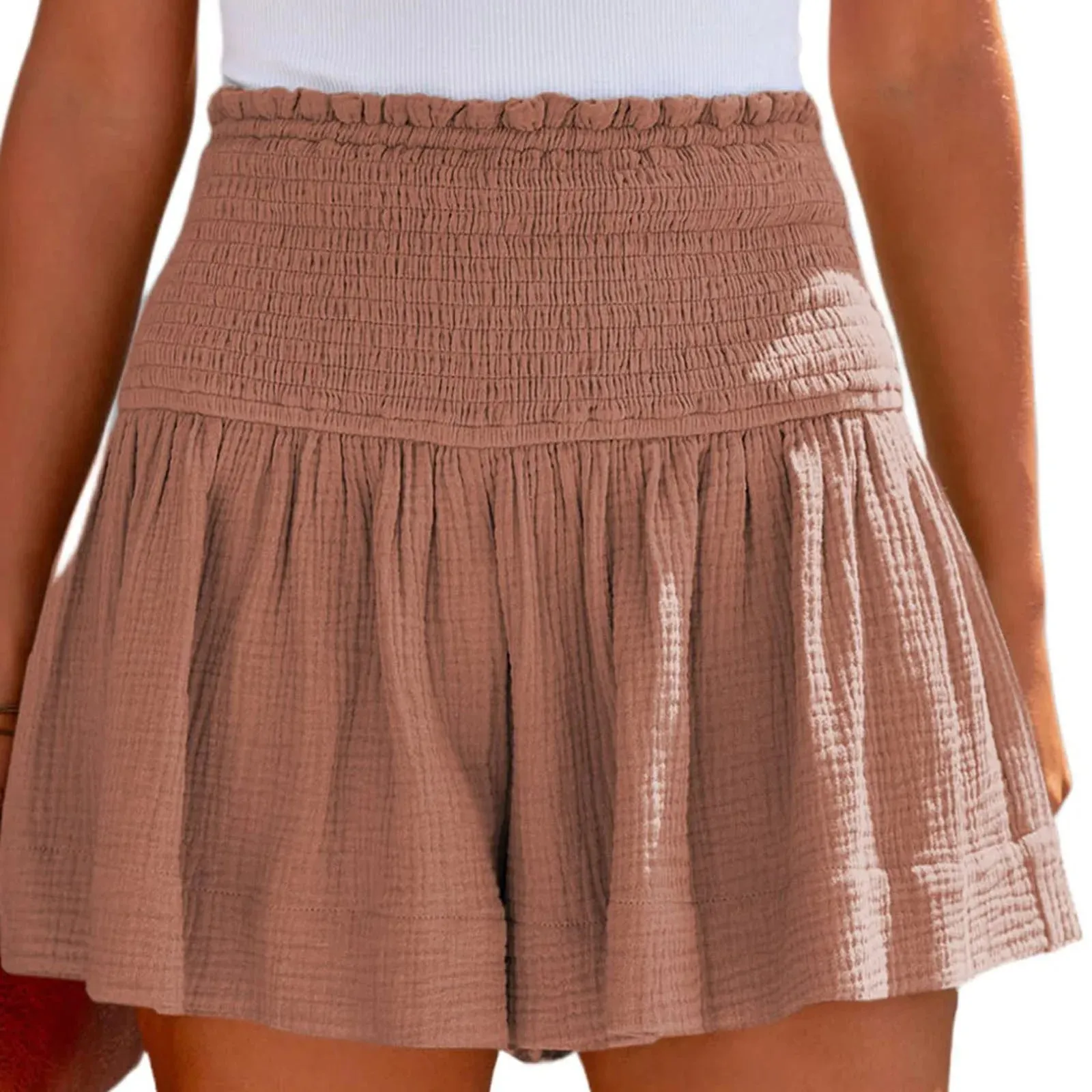 Casual Cotton High Elastic Waisted Pleated Ruffle Short