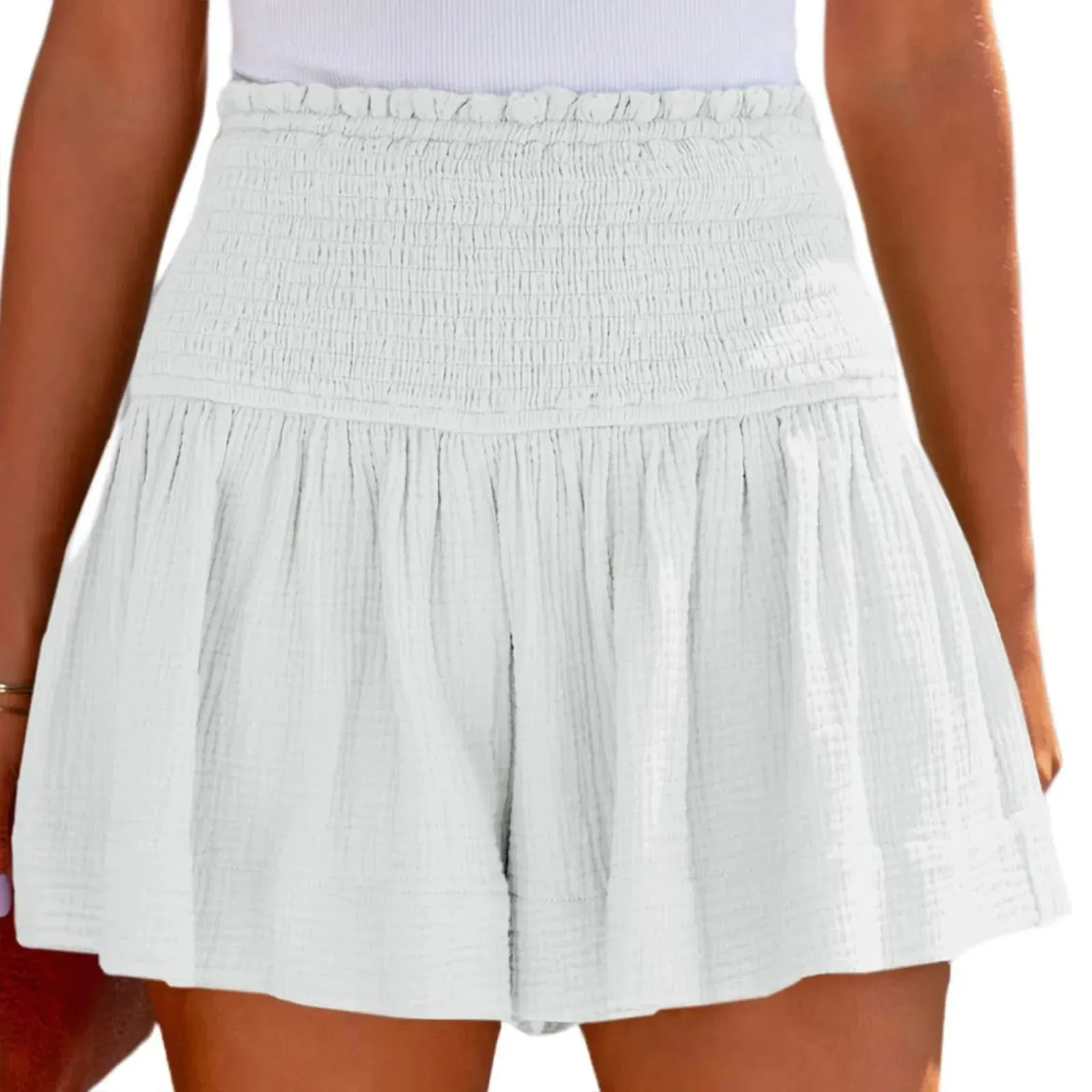 Casual Cotton High Elastic Waisted Pleated Ruffle Short