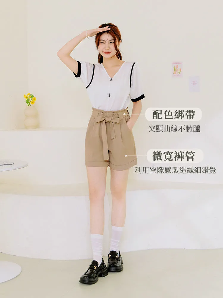 Casual Ribbon Belt Elastic Waist Pocket Shorts Pants