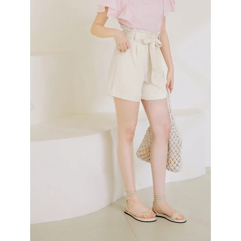 Casual Ribbon Belt Elastic Waist Pocket Shorts Pants