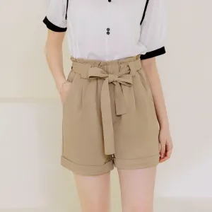 Casual Ribbon Belt Elastic Waist Pocket Shorts Pants