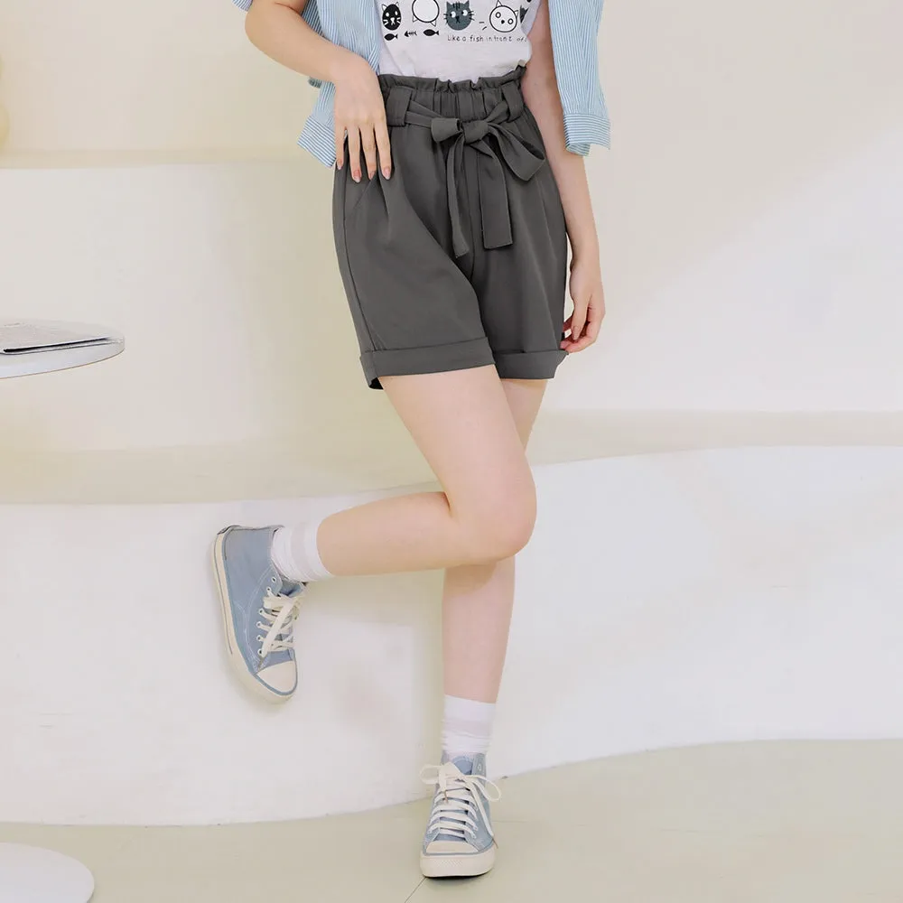 Casual Ribbon Belt Elastic Waist Pocket Shorts Pants