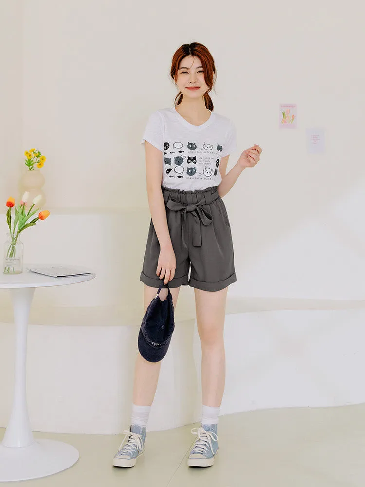 Casual Ribbon Belt Elastic Waist Pocket Shorts Pants