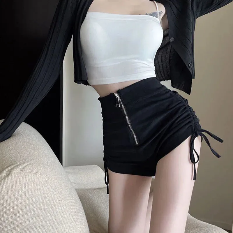 Casual Sport Folds Shorts Women 2023 Summer Zipper Drawstring Design White Wide Leg Pants Woman Korean High Waist Skinny Short