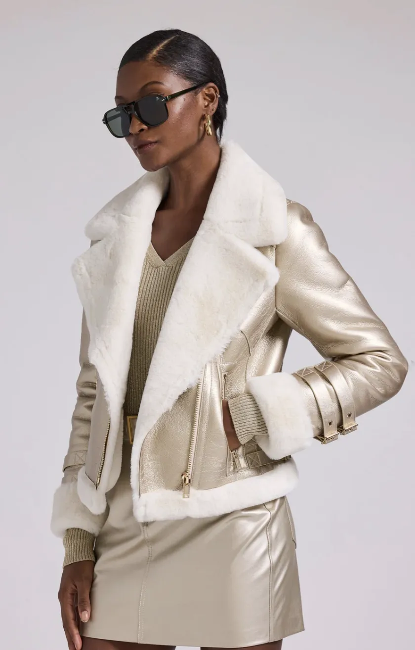 Dion Faux Fur Shearling Moto Jacket - Pale Gold / White