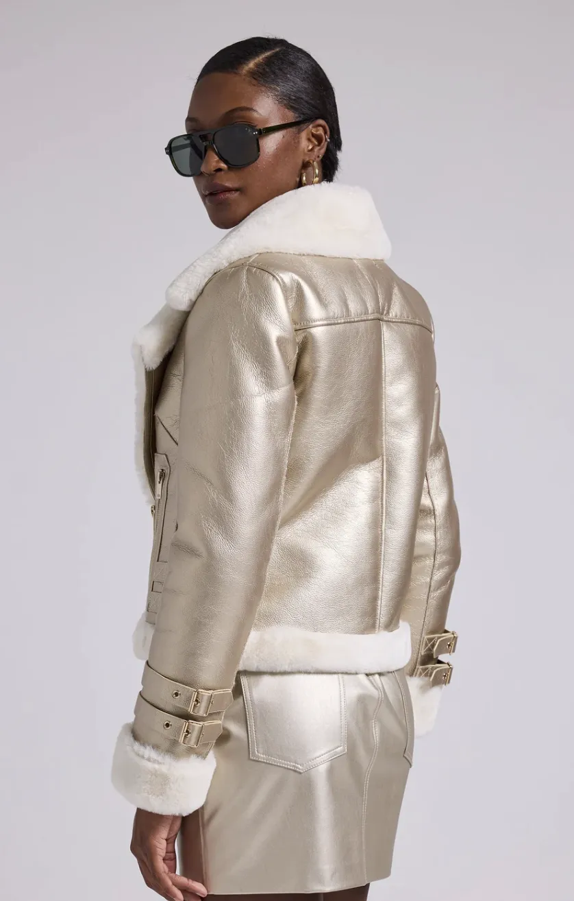 Dion Faux Fur Shearling Moto Jacket - Pale Gold / White