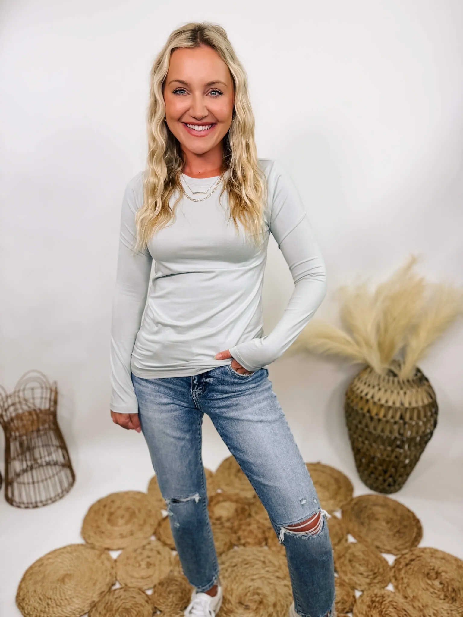 DOORBUSTER - Buttery Soft Round Neck Long Sleeve Top in Cement Grey