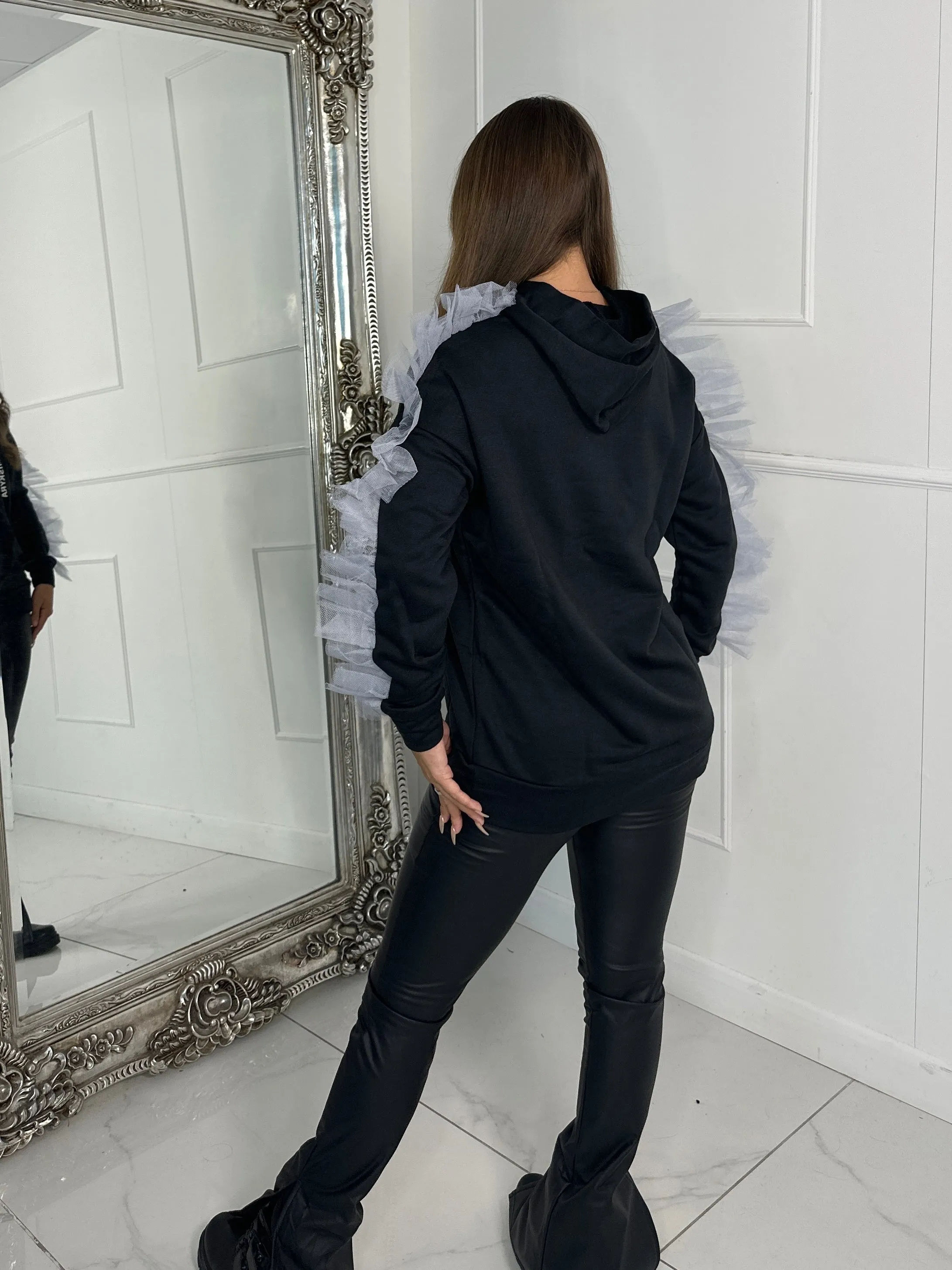 Frill Mesh Sleeve Hoodie - Black/Grey