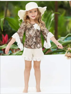 Girls 3/4 Ruffled Asymmetric Sleeve Tunic & Ruffled Shorts Set