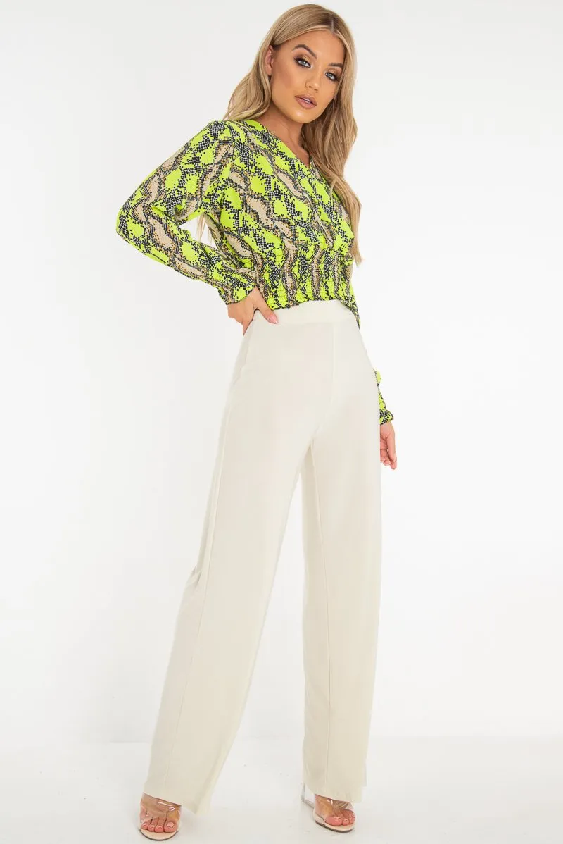 Green Snake Print Plunge Shirred Waist Blouse - Athena