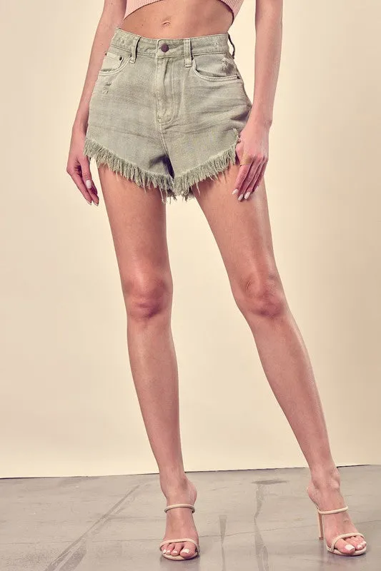 Hot Girl Distressed Frayed Hem Denim Shorts In Washed Olive