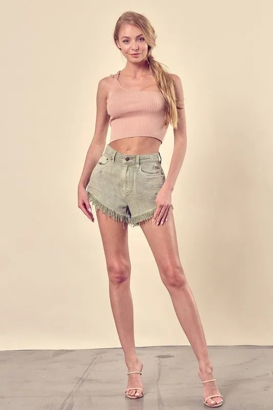 Hot Girl Distressed Frayed Hem Denim Shorts In Washed Olive