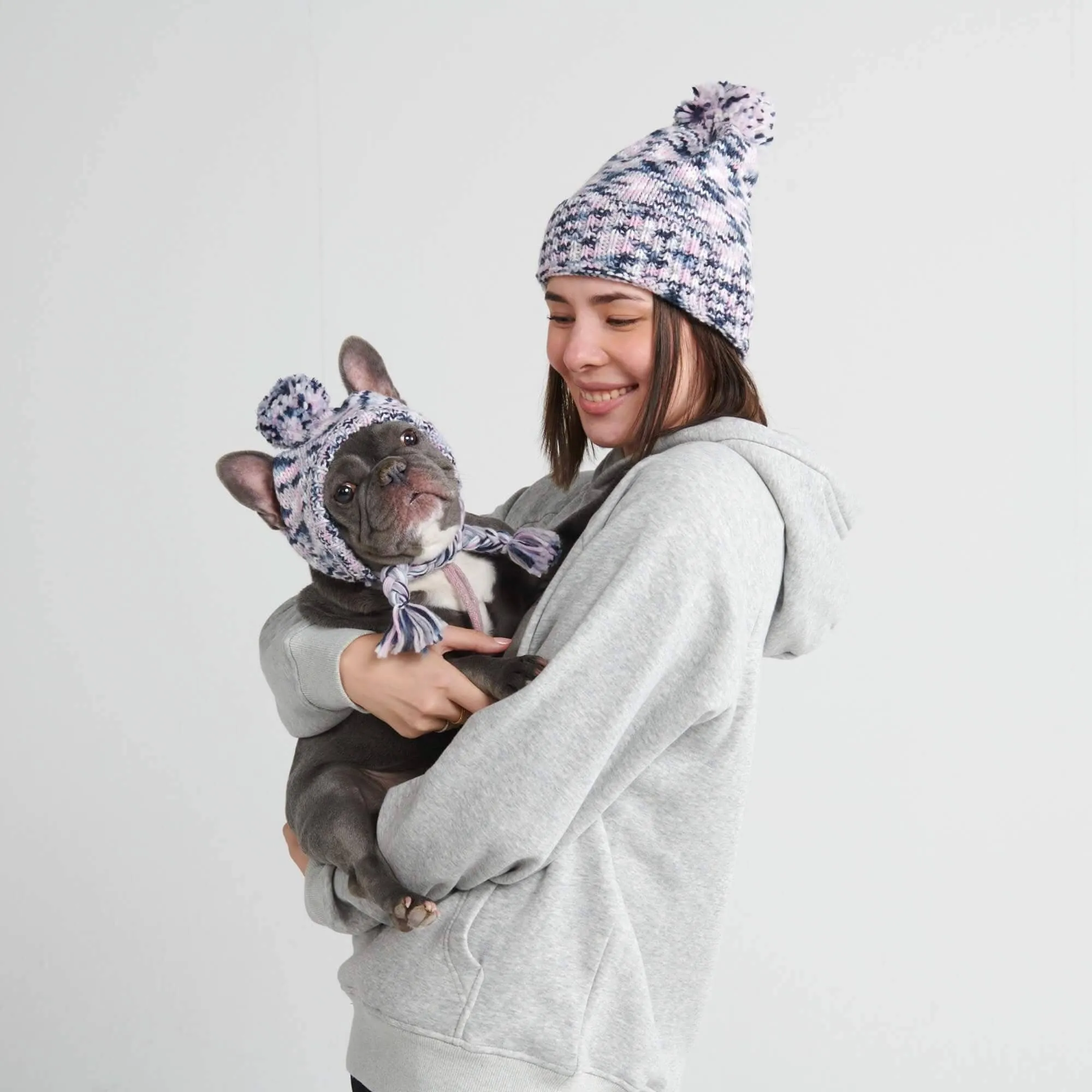 Knit Pom Pom Dog Beanie Hat - Pink Grey Navy