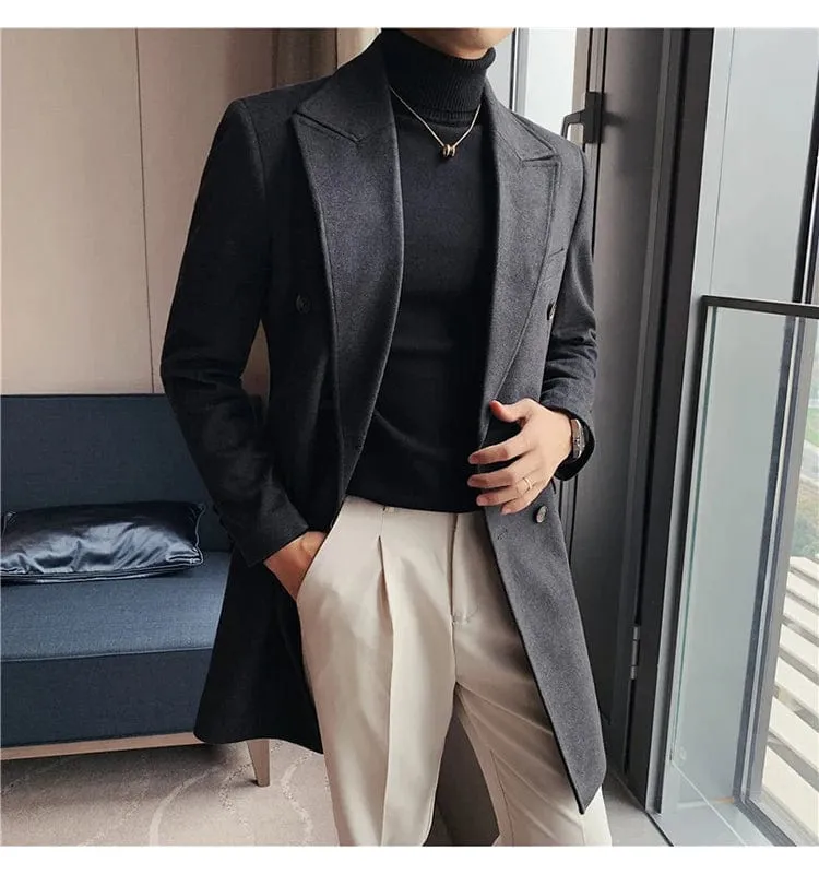 Luxury Stylish Men's High Quality Double-Breasted Woolen Slim Fit Long Business Suit Jacket