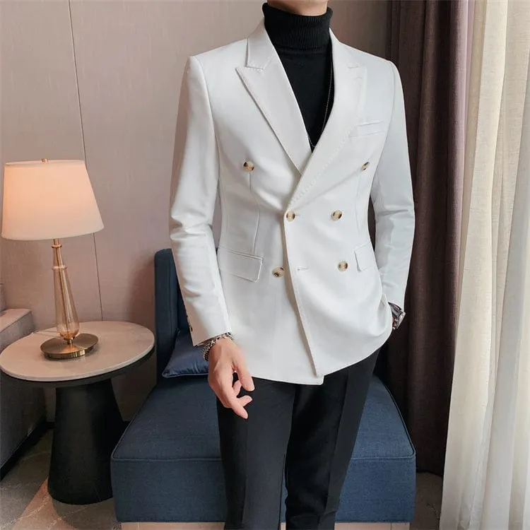 Men's British Style Slim Fit Double-Breasted Blazer – Business Casual Suit Jacket for Office, Weddings, and Groom Tuxedo