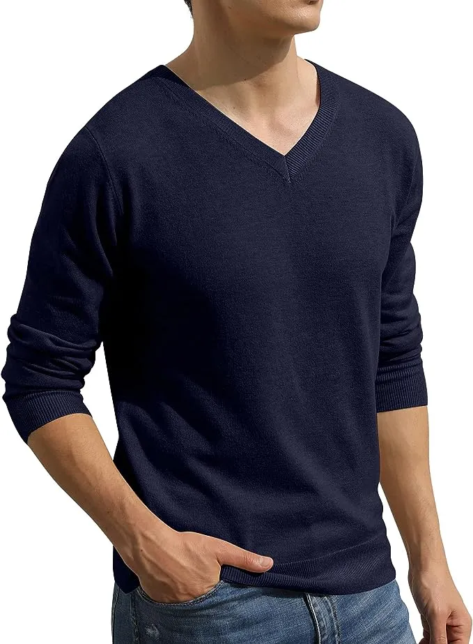 Men's V-Neck Casual Sweater Structured Knit Pullover - Navy