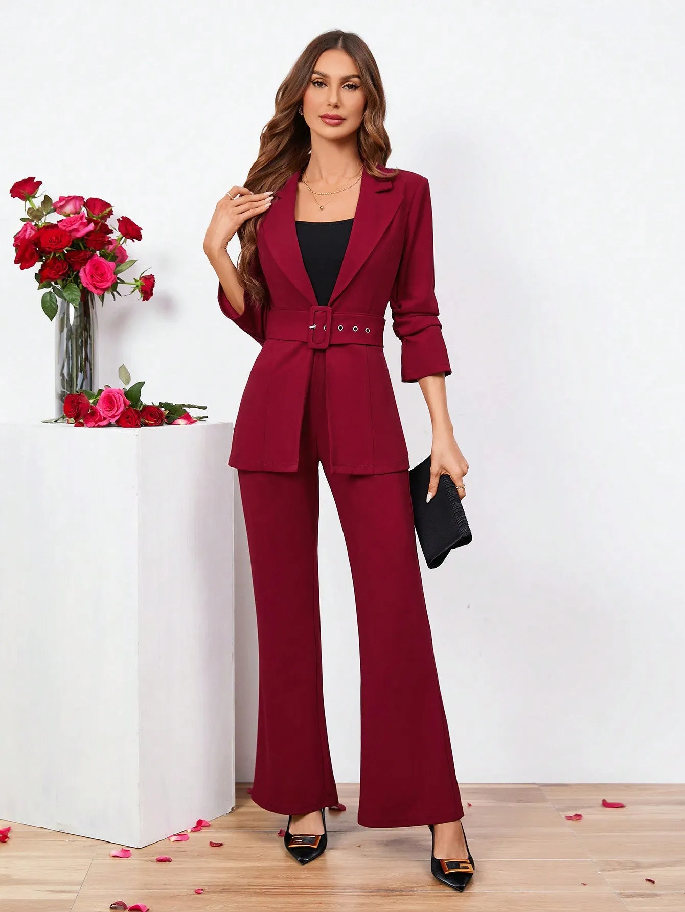 SHEIN Clasi Ladies Belted Three-quarter Sleeve Suit With Pleats