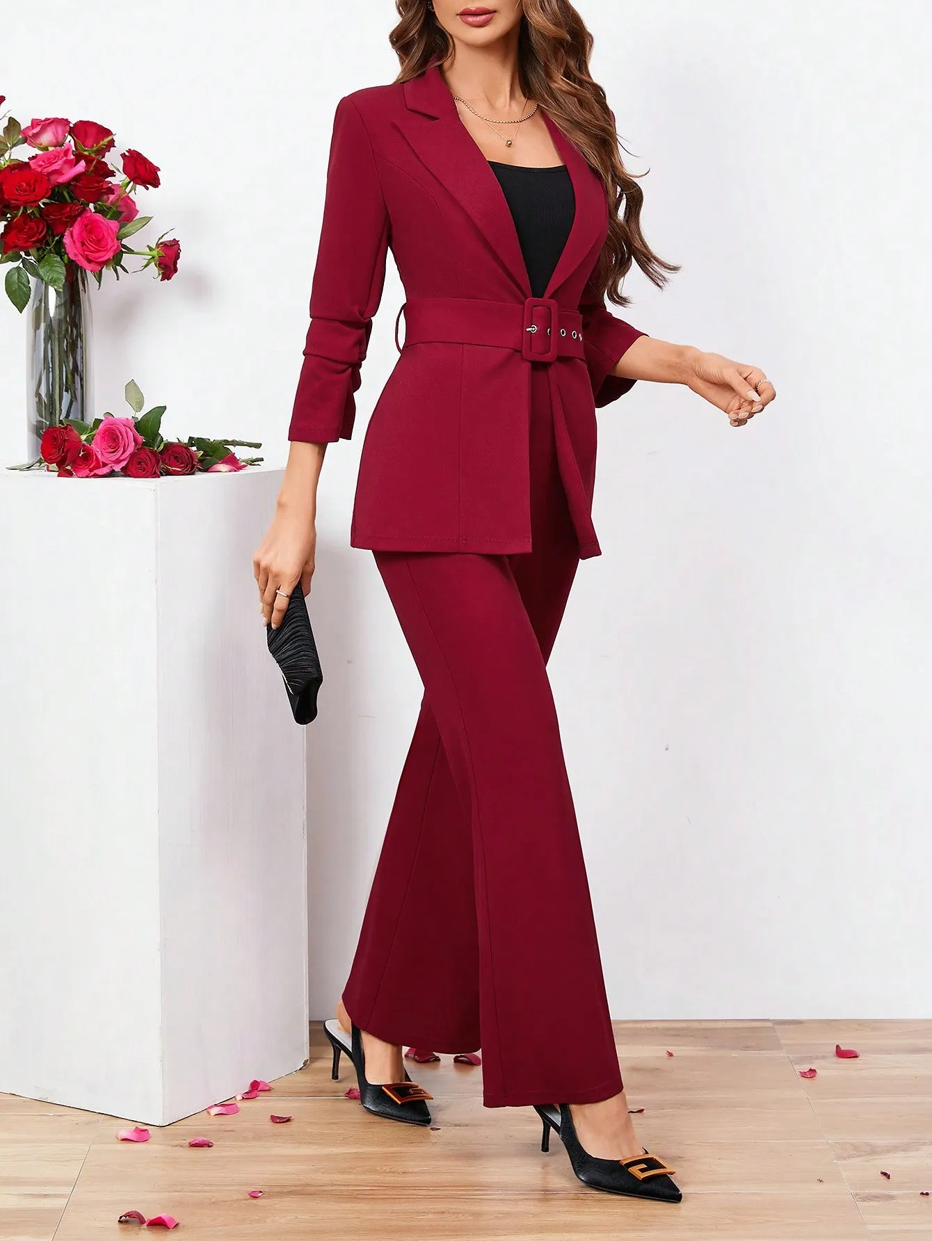 SHEIN Clasi Ladies Belted Three-quarter Sleeve Suit With Pleats