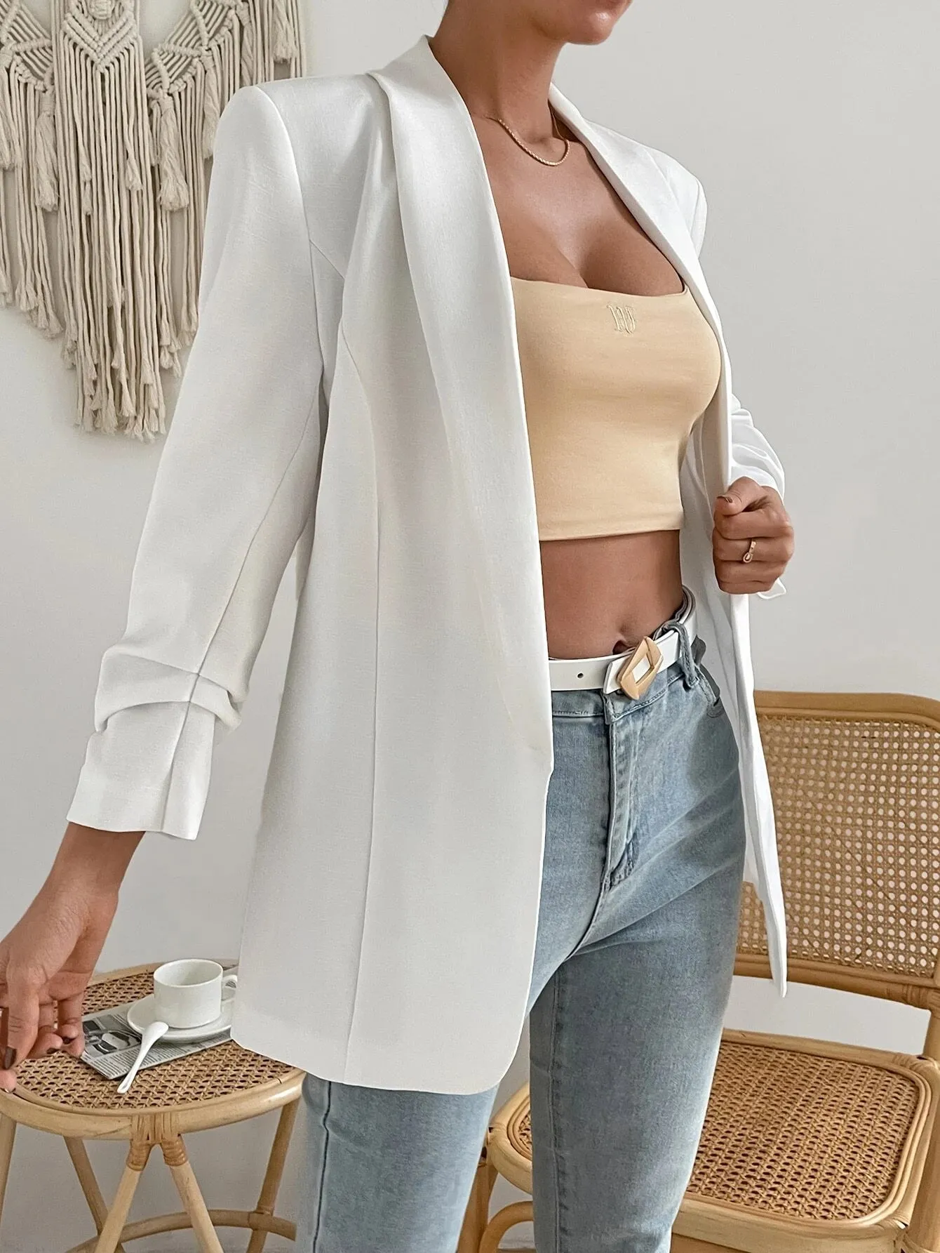 SHEIN Shawl Collar Ruched Detail Open Front Blazer