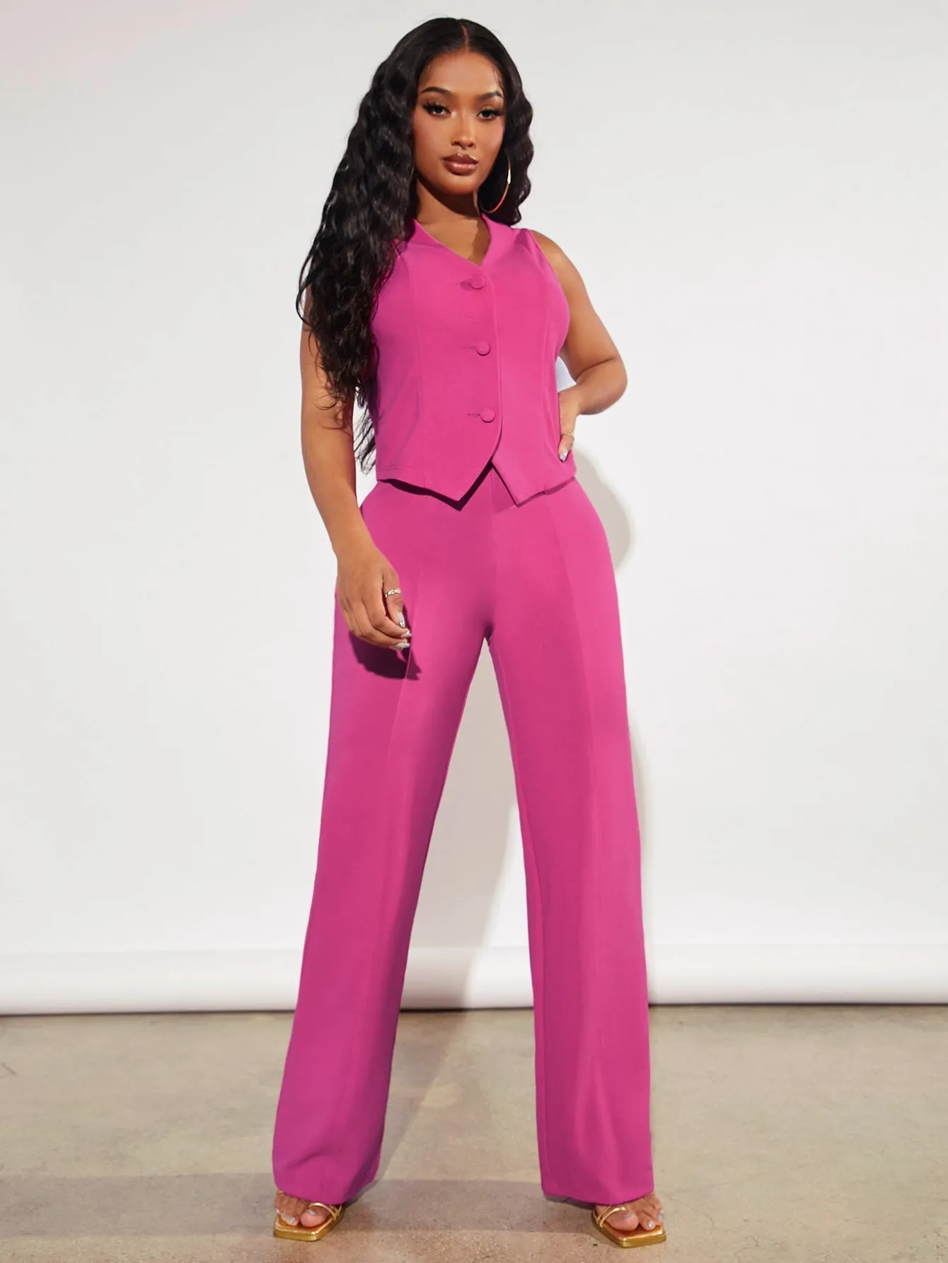 SHEIN SXY Solid Button Front Vest Blazer & Suit Trousers