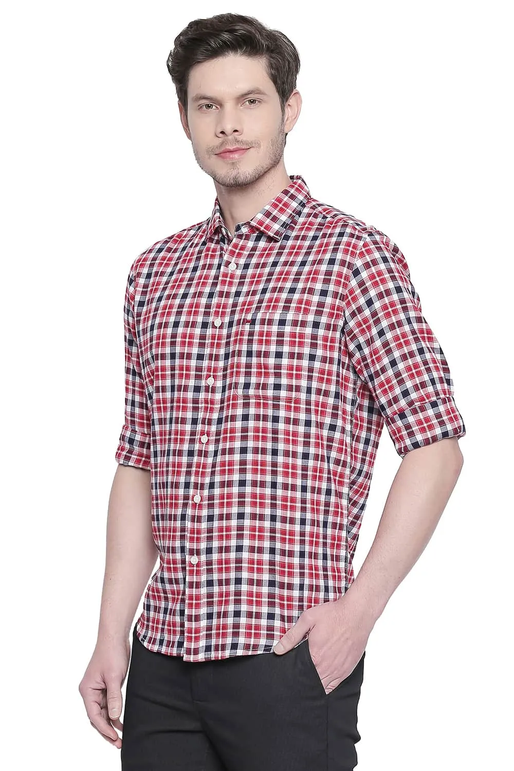 Slim Fit Red Dobby Checks Shirt