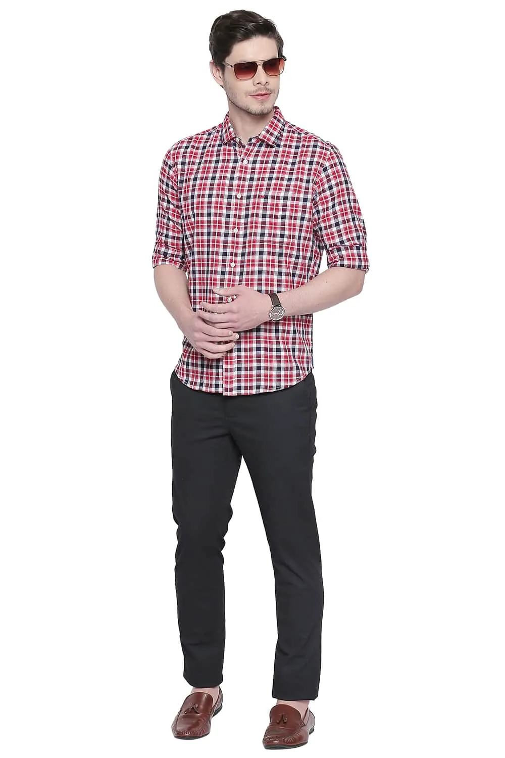 Slim Fit Red Dobby Checks Shirt