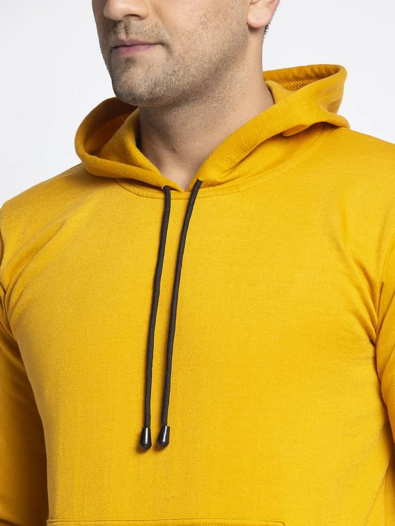 Stylish Cotton Blend Mustard Solid  Pullover Hooded Sweatshirt For Men