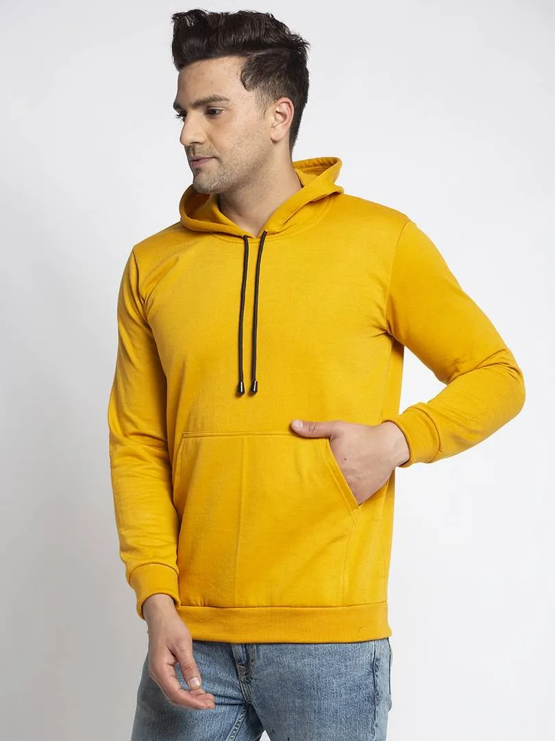 Stylish Cotton Blend Mustard Solid  Pullover Hooded Sweatshirt For Men