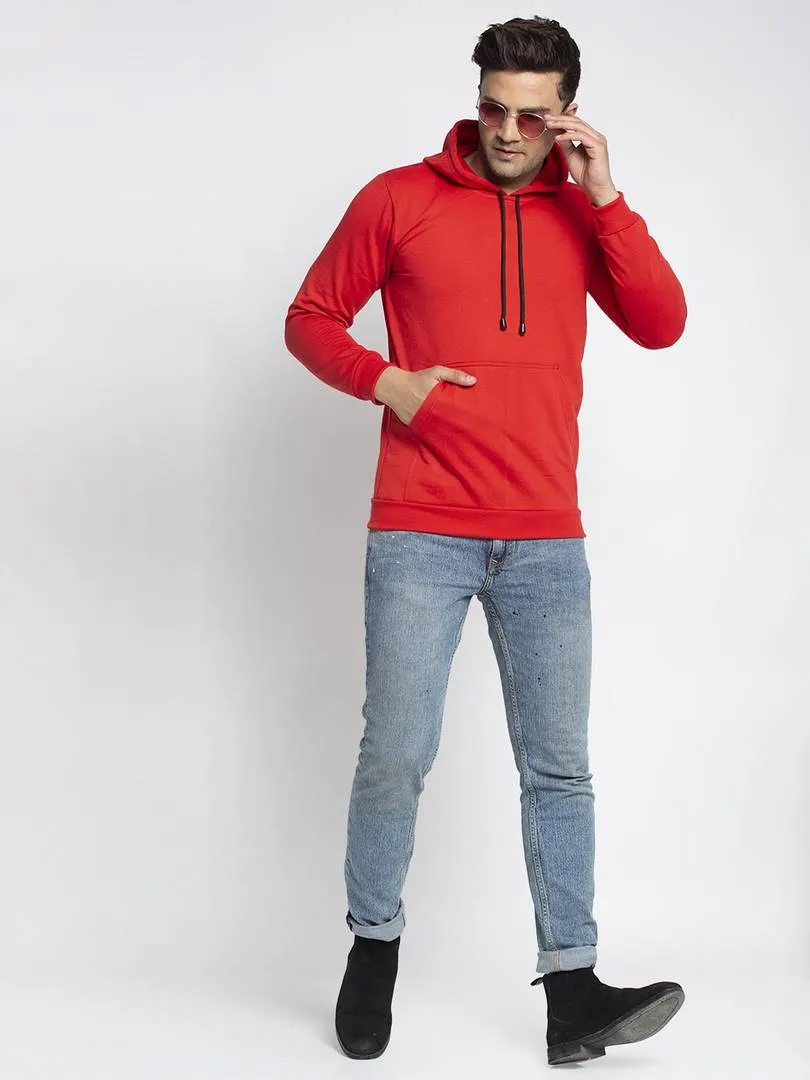 Stylish Cotton Blend Red Solid  Pullover Hooded Sweatshirt For Men