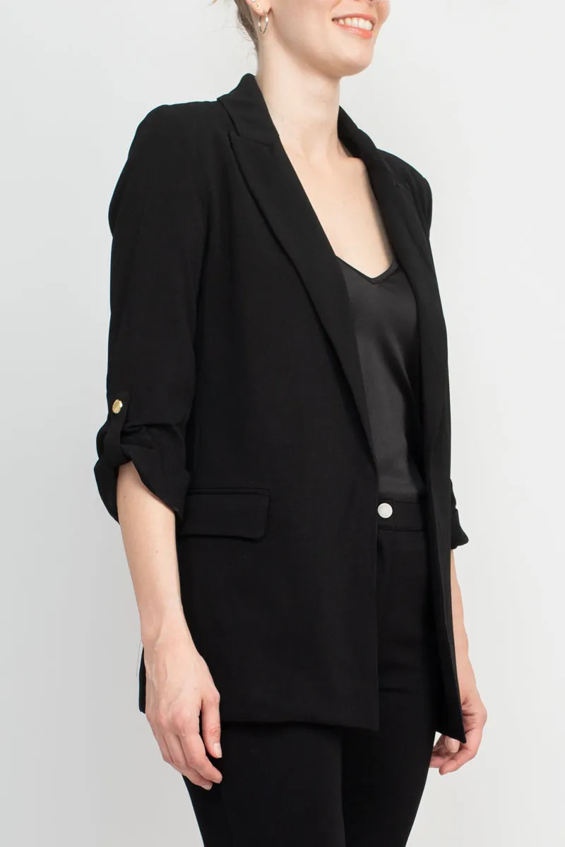 Tahari Lapel Collar 3/4 Roll Sleeve Open Front Woven Blazer