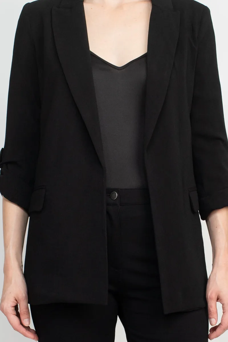 Tahari Lapel Collar 3/4 Roll Sleeve Open Front Woven Blazer