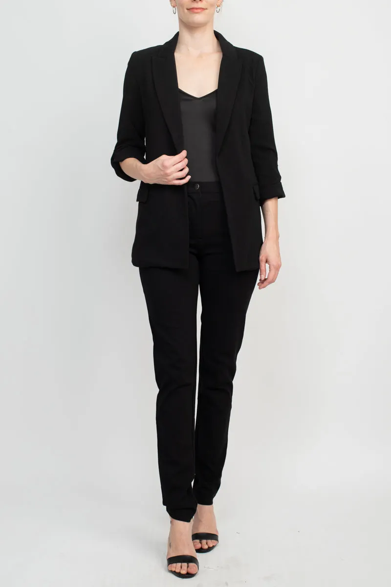 Tahari Lapel Collar 3/4 Roll Sleeve Open Front Woven Blazer