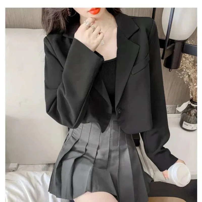 Women's Cropped Blazer – Solid Color Single-Button Long Sleeve Office Suit Jacket