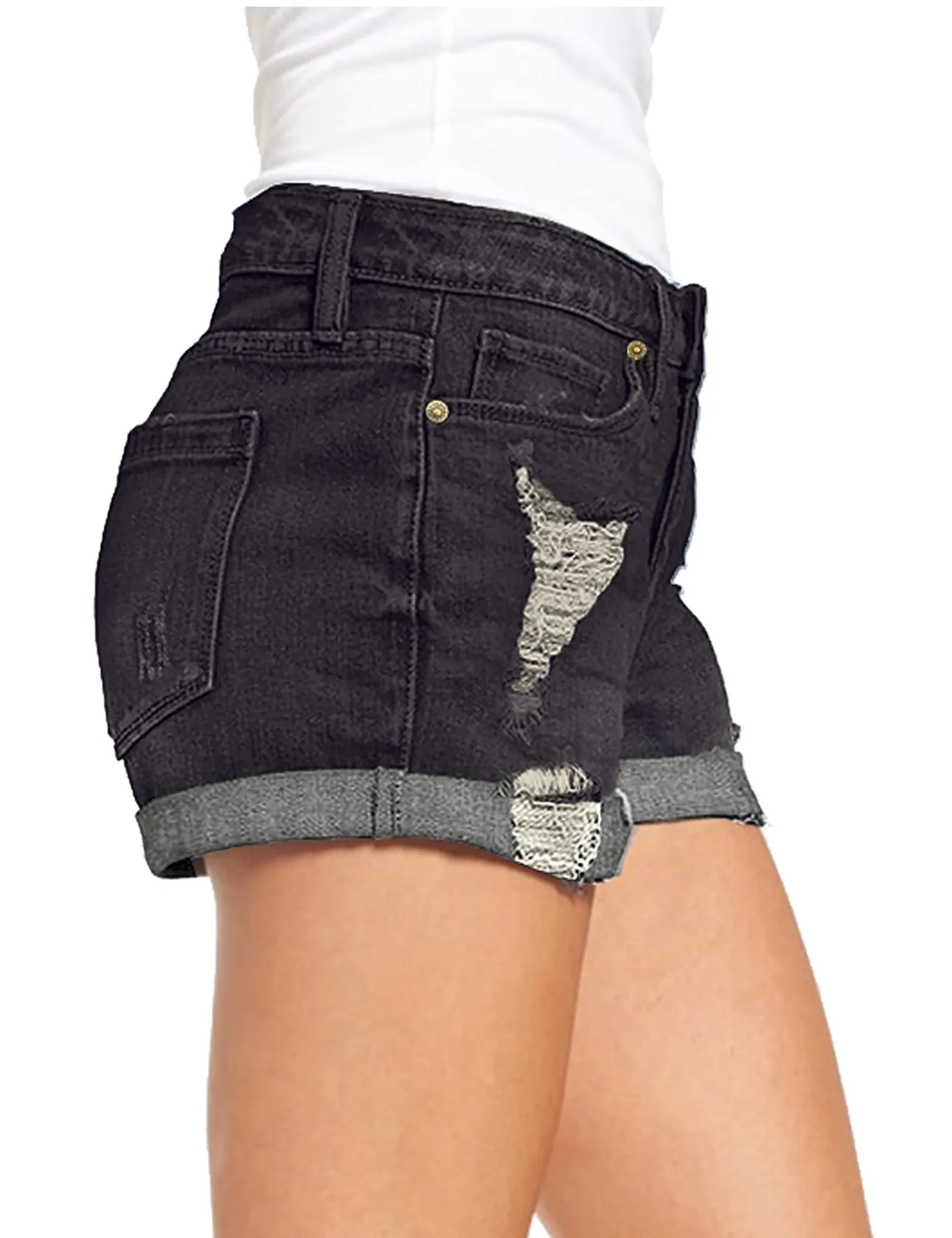 Women's High Waisted Distressed Jeans Ripped Rolled Hem Denim Shorts